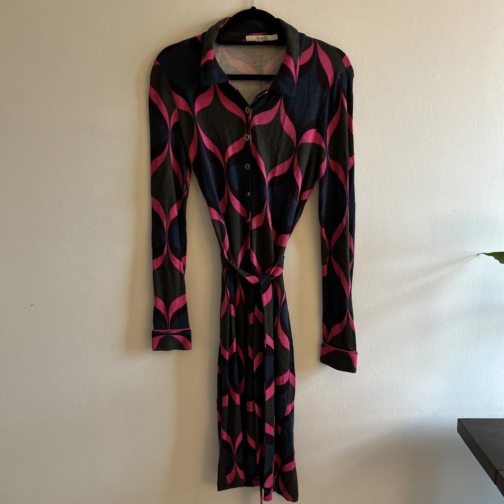 Boden Jersey Midi Tea Dress 6R Pink Gray Geometric Workplace Feminine Classic